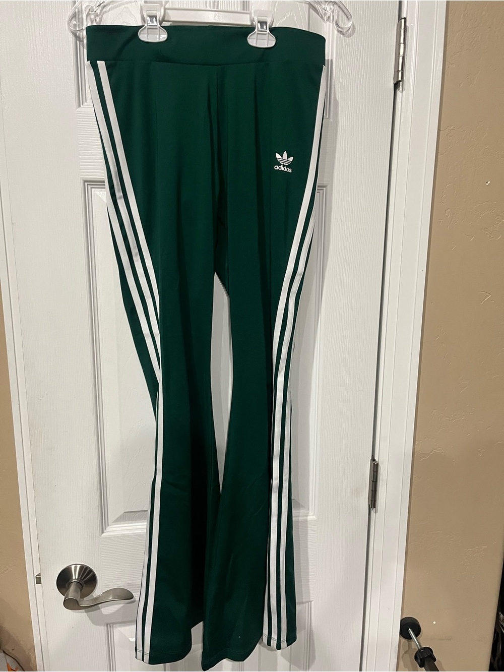 adidas Dark Green Boot-Cut Track Pants with White Stripes